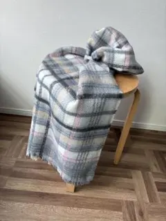【未使用】ドイツ製チェック柄大判ストール/膝掛け　グレー