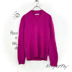 GERVE セーター(L)マゼンタ 毛100% 無地 カットオフ Vネック 薄手