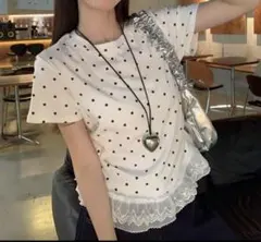 ドット柄レース付き半袖Tシャツ