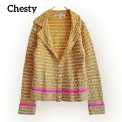 美品◆ツイード調ニットカーディガン【F】オレンジ テーラード 春カラー　派手