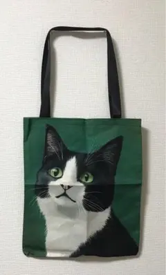 猫柄プリント　トートバッグ 緑色
