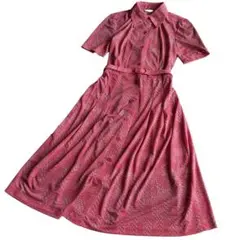 昭和レトロワンピース ロング丈M 赤 フレアAライン 総柄 ベルト付 希少80s