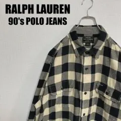 90sラルフローレンPOLO JEANS白x黒バッファローチェックネルシャツXL