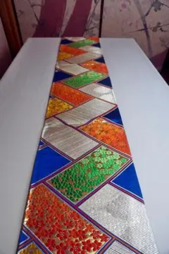 ヴィンテージ袋帯　正絹　シルク　華やかな幾何学模様 カラフル　青　花フラワー