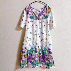 希少【L】ヴィンテージ風 インド綿100% 花柄ロングワンピース 半袖 ゆったり