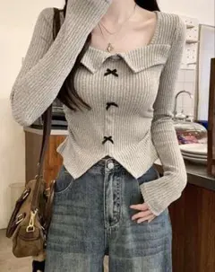 SHEIN リボン付きスクエアネック長袖ニットのサムネイル