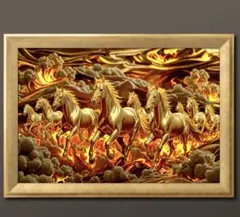 勝利と繁栄を駆け抜ける黄金の群れ馬　開運グラフィックアート　額縁付き