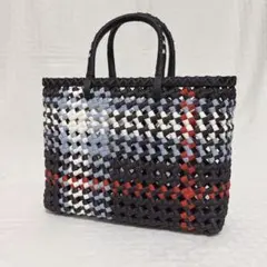 クラフトかごバッグ　黒チェック柄中型