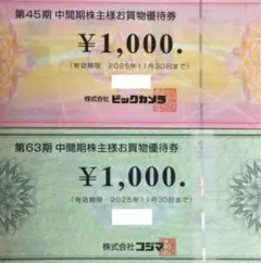 コジマ・ビックカメラ お買物券セット ビックカメラ コジマ全店 ビックカメラ.con 特別優待クーポンの