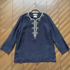 自由区 LIBECO リネン ブラウス チュニック 40 ネイビー 刺繍のサムネイル