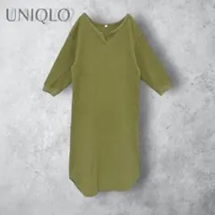 【UNIQLO ユニクロ】　ワッフル　キーネック　ワンピース　カーキ　無地