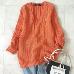 美品♪ラルフローレンSPORTS Vネックケーブルニット　 ポニー刺繍 コットン