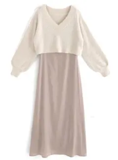 GRL シャギーニットトップス×キャミワンピースセットアップ　オフベージュ