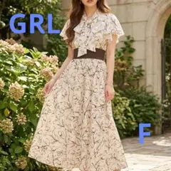 GRL ボウタイ花柄ワンピース フレア袖 ウエストマーク ロング 上品
