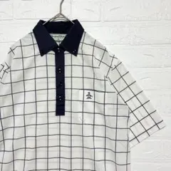 マンシングウェア ポロシャツ M 白 紺 チェック 90sレトロ 刺繍 Aのサムネイル
