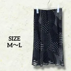 【M〜L】シフォンフレアスカート/ひざ丈/ブラック/水玉/ストレッチ/オフィス