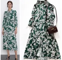 ZARA グリーン フラワー プリントシャツワンピース 長袖　花柄　S
