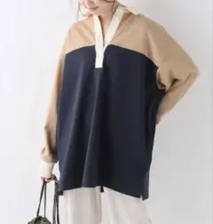 未使用 美品 ジョイントワークス　ラガーシャツミニワンピ　ベージュ×紺のサムネイル