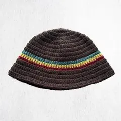 ハンドメイド クロシェハット ニット帽 ブラウン ライン ラスタカラー レゲエ