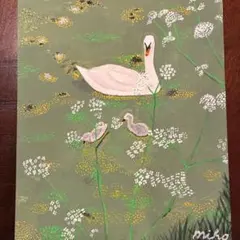 アクリル画【白鳥の親子】