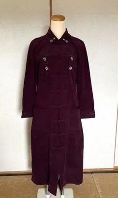 ワインレッド 長袖ダッフルコート風ロングワンピース