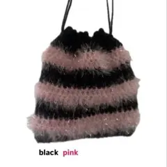 ハンドメイド 巾着バッグ ふわふわ 毛糸 韓国風 ブラック ピンク