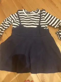 韓国子供服ストライプ長袖とネイビーオーバーオールセット