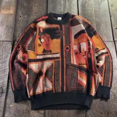 古着　総柄ニット　アートモチーフ　ブラック　オレンジ　L 派手柄　ウール100.