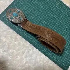 DIABLEカービング風レザーベルト　ターコイズバックル付き ターコイズベルト