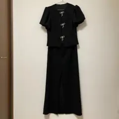 【美品】黒ツーピースパフスリーブワンピース結婚式 キラキラリボンパーティ