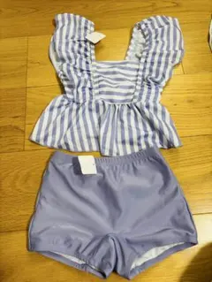 薄紫ストライプフリル水着セット　110サイズ