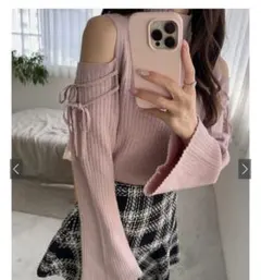 GRL肩あきオフショルダーリブニットセーター ピンク