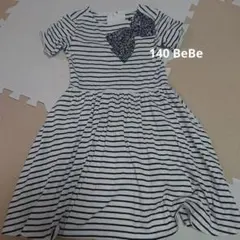 140 BeBe ストライプ 半袖 ワンピース リボン