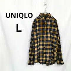 ユニクロ ▶ メンズネルシャツ L 黄 紺 タータンチェック 綿100%