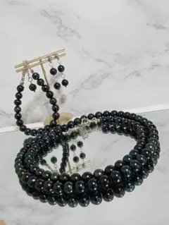 4674●ブレス、ピアス付き！あこや真珠ピーコックブラック約60㎝〜ネックレス