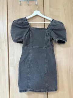 グレー デニム パフスリーブ ミニワンピース