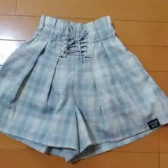 水色チェック柄　キュロットスカート　ショートパンツ