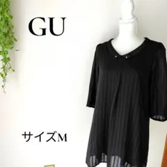 b2680ジーユー七分袖シフォンブラウスM黒 ストライプチュニック風 透け感あり