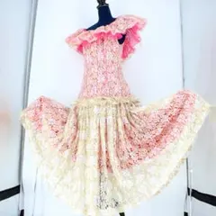 【美品 フラダンス衣装】ピンク ホワイト ゴールド レース ドレス ワンピース