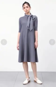 fur fur ボウタイニットワンピース　グレー