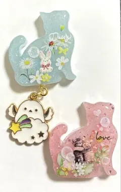 再販不可。2点セット♡うさぎ＆ねこレジンヘアゴムブローチ