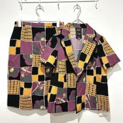 【リノローブ】(13号)セットアップ レトロ 総柄 ジャケット スカート 古着風