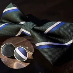 ボウタイ・蝶ネクタイ グリーンストライプ メンズ　結婚式　チーフ　カフス　j1