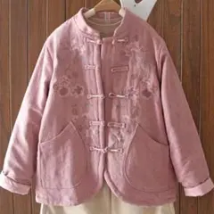 3カラー展開 中綿ジャケット 刺繍 暖かい レトロ 花柄 スタンドカラー