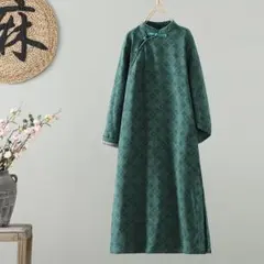 チャイナドレス ロング スリム見え 厚手 プリントワンピース レトロデザイン