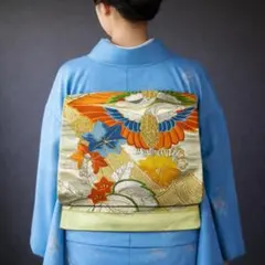 【D4-82】袋帯 単品 六通 ゴールド 黄緑 オレンジ 434cm 振袖にも◎