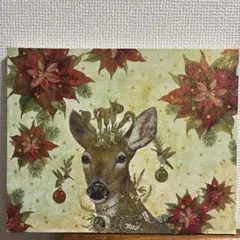 鹿とポインセチアのデコパージュ クリスマス インテリアパネル ハンドメイド