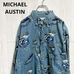 00s USA古着　MICHAEL AUSTIN 魚柄デザイン 長袖シャツ 青系