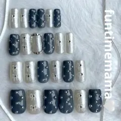 韓国　ネイルチップ　ネイビー　ホワイト　ドット　ラメ　パール　リボン　ガーリー