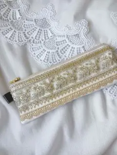 【フラットポーチ】インド刺繍×ヌビ シンプル 大人向け（A323）